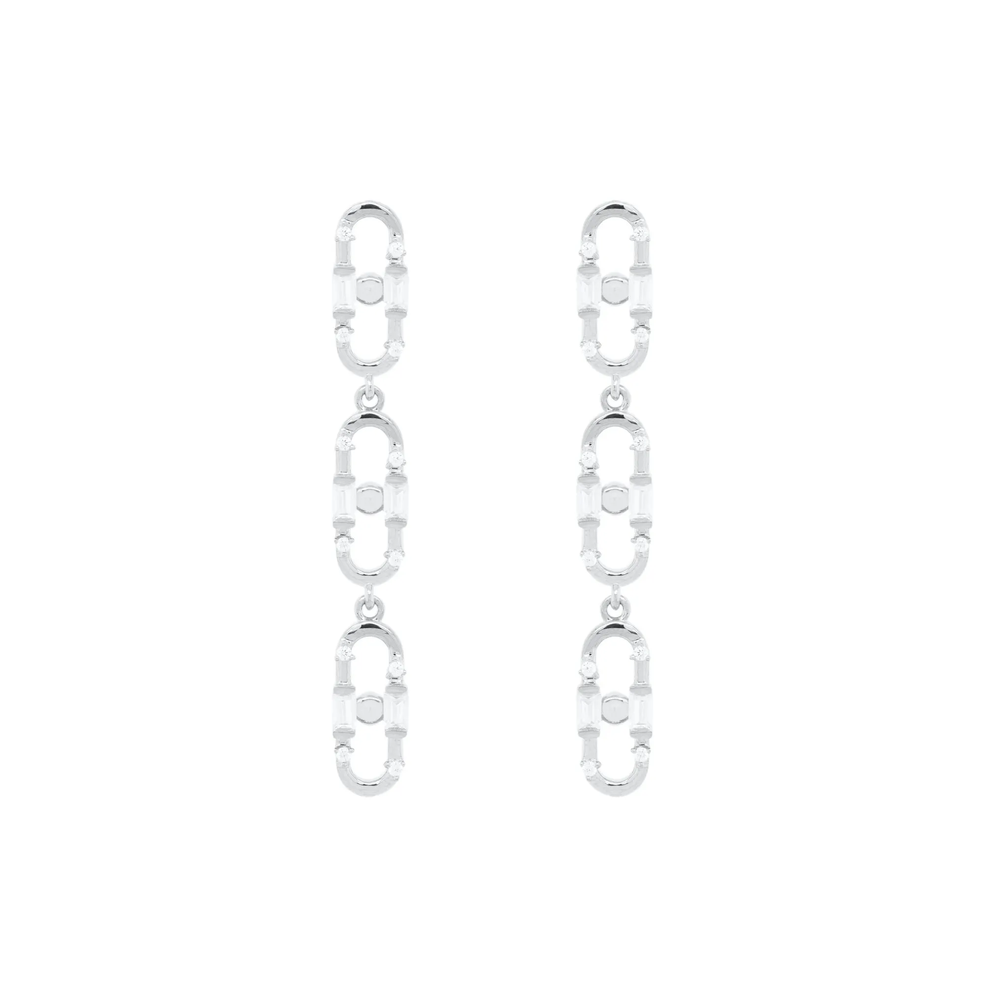 Baguette Paper Clip White Rhodium on Silver Earrings w. Zirconia
