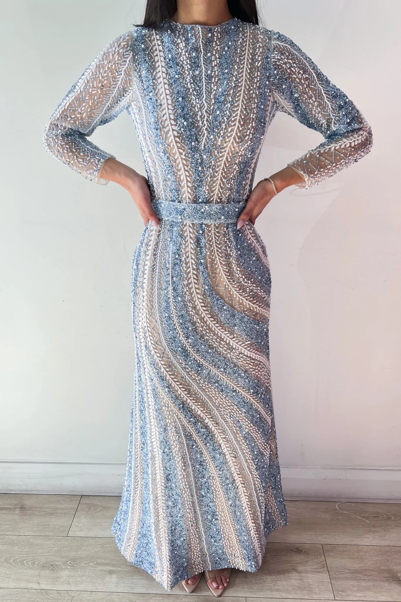 Blue Spiral Beaded Gown by HSH