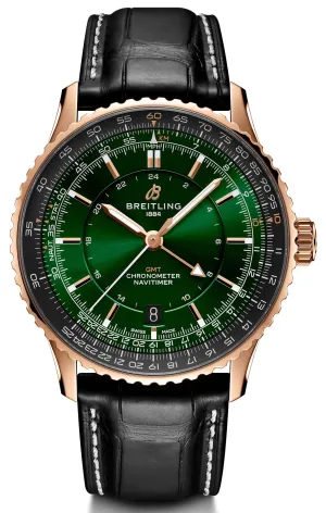 Breitling Navitimer GMT 41 Green 18k Red Gold Leather Watch