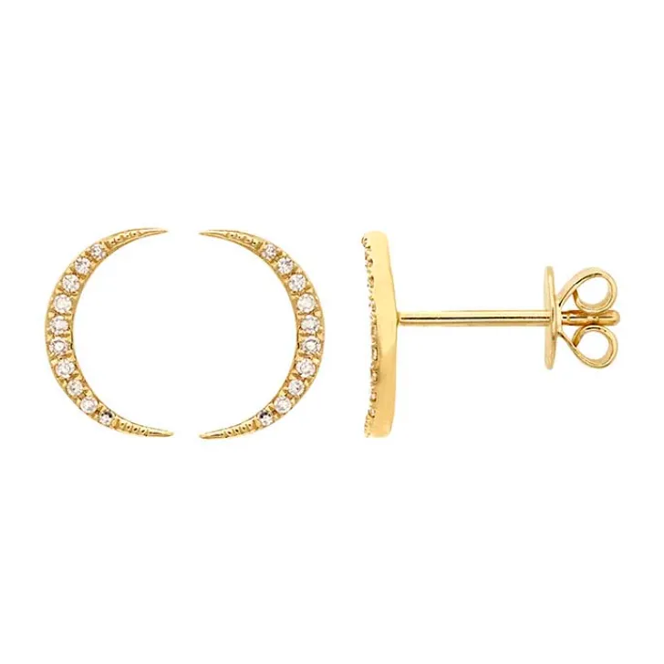 Diamond-Set Crescent Moon Studs - Gold