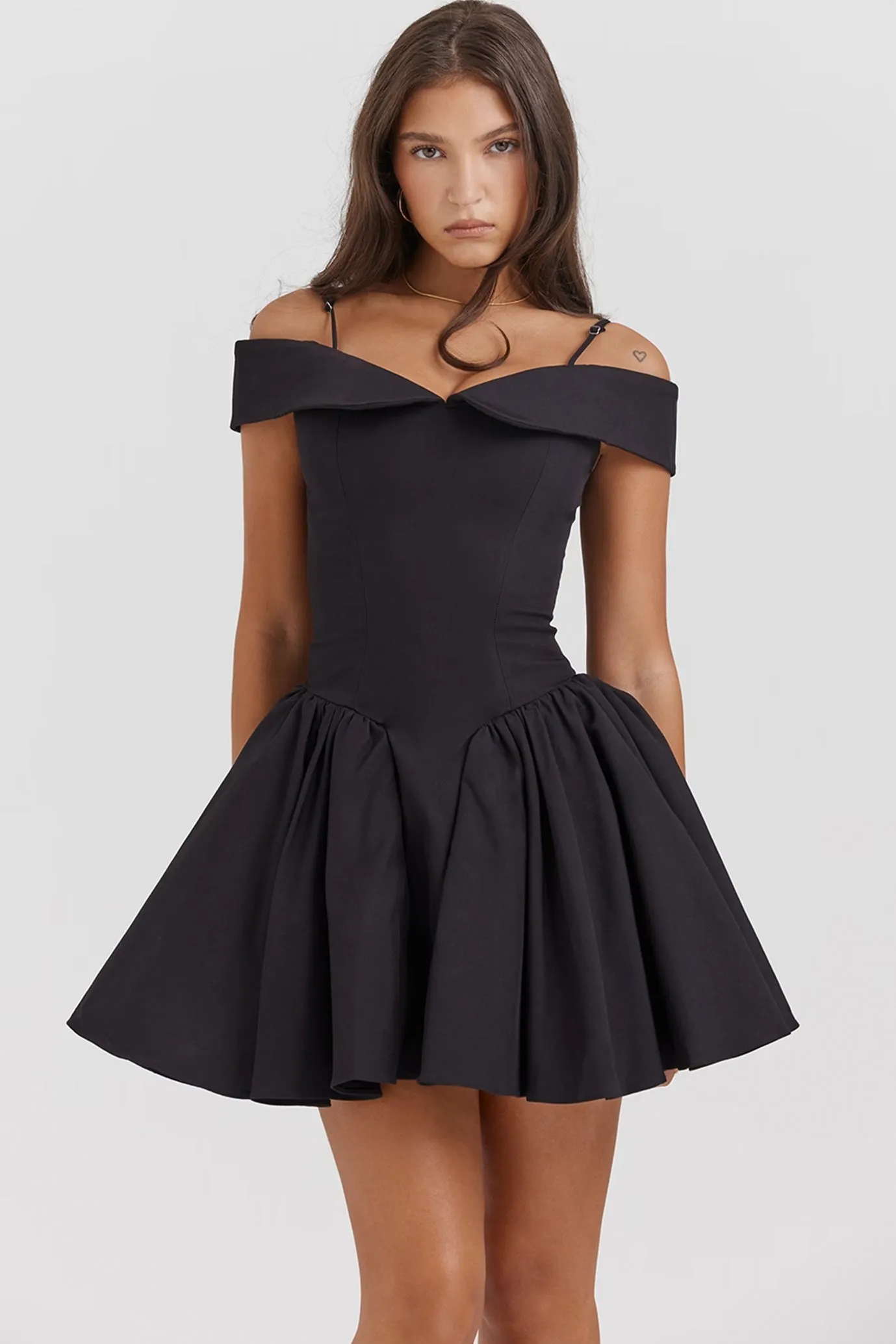 Elida Off Shoulder Mini Dress in Black by House of CB