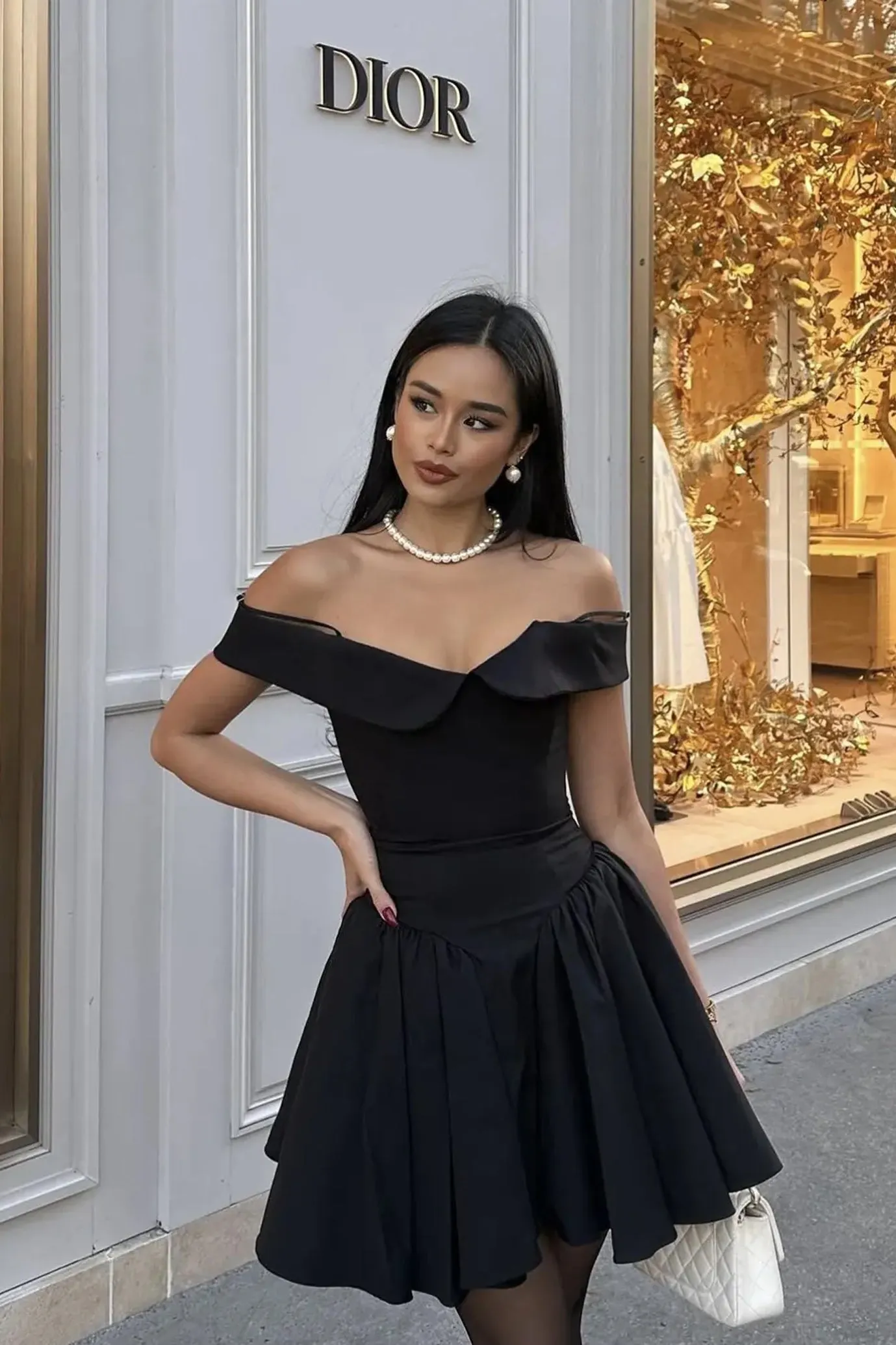 Elida Off Shoulder Mini Dress in Black by House of CB
