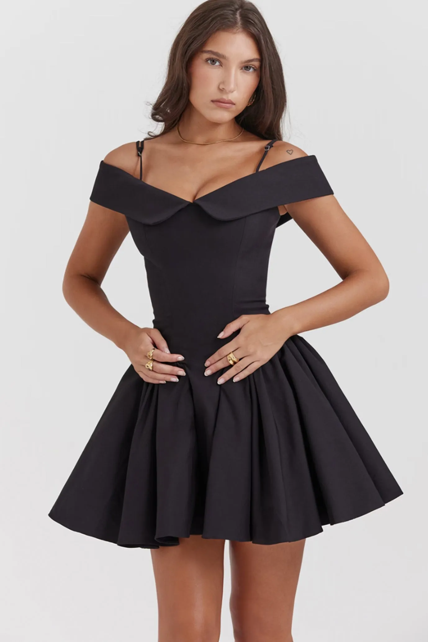 Elida Off Shoulder Mini Dress in Black by House of CB