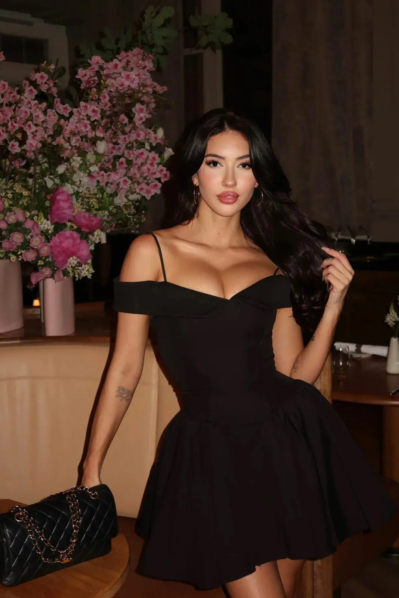 Elida Off Shoulder Mini Dress in Black by House of CB