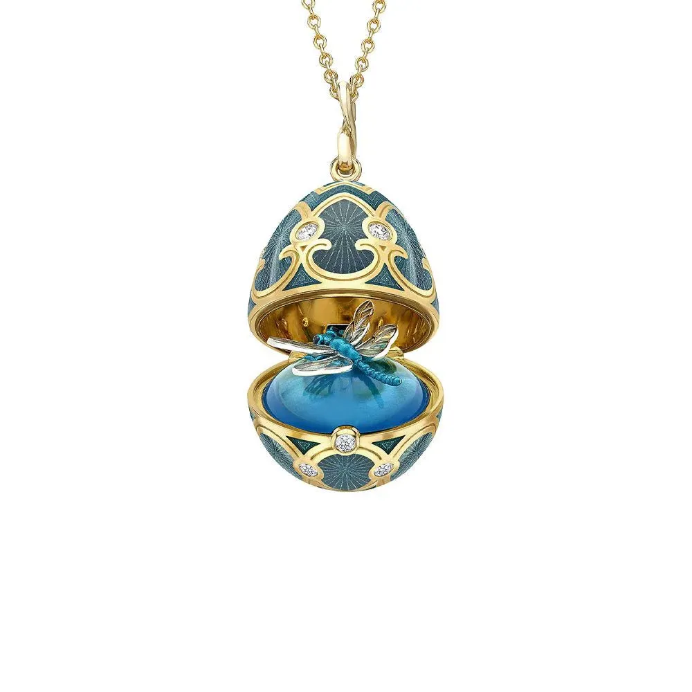 Faberge Heritage Yellow & White Gold Diamond & Blue Guilloché Enamel Dragonfly Surprise Locket