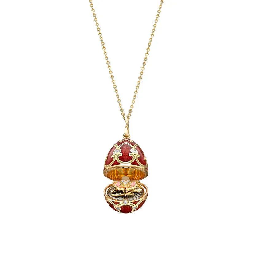Faberge Heritage Yellow Gold Diamond Red Guilloche Enamel Wild Rose Surprise Locket