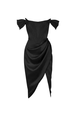 FINAL SALE: Loretta Black Satin Off Shoulder Dress by House of CB