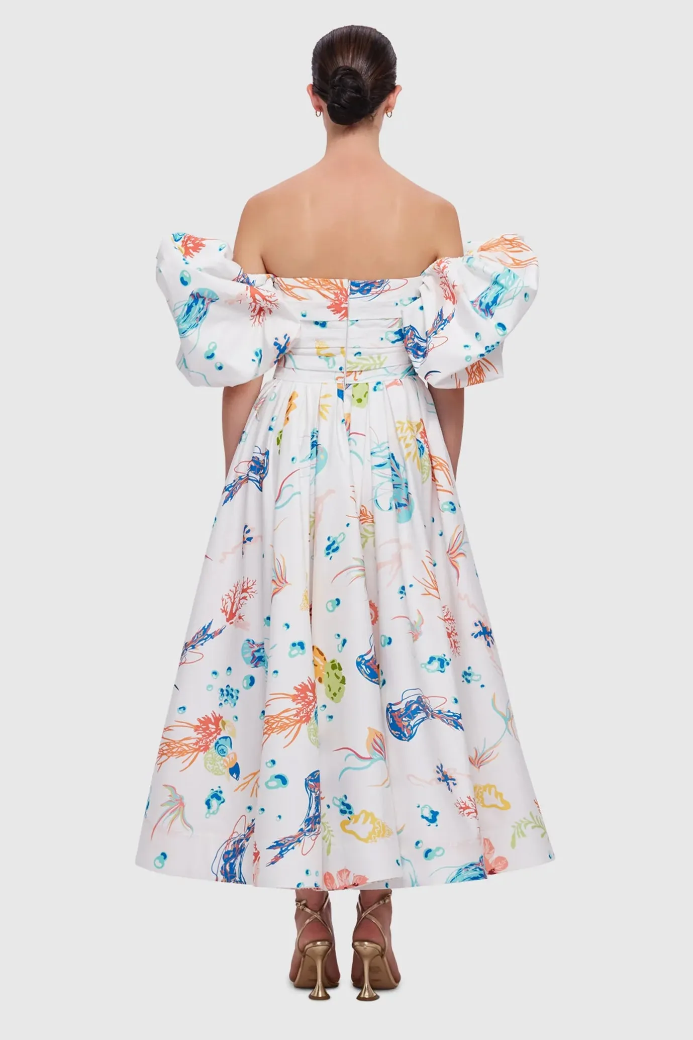 FINAL SALE: Matilda Puff Sleeve Midi Dress Twilight Print in White Scarlet by Leo Lin