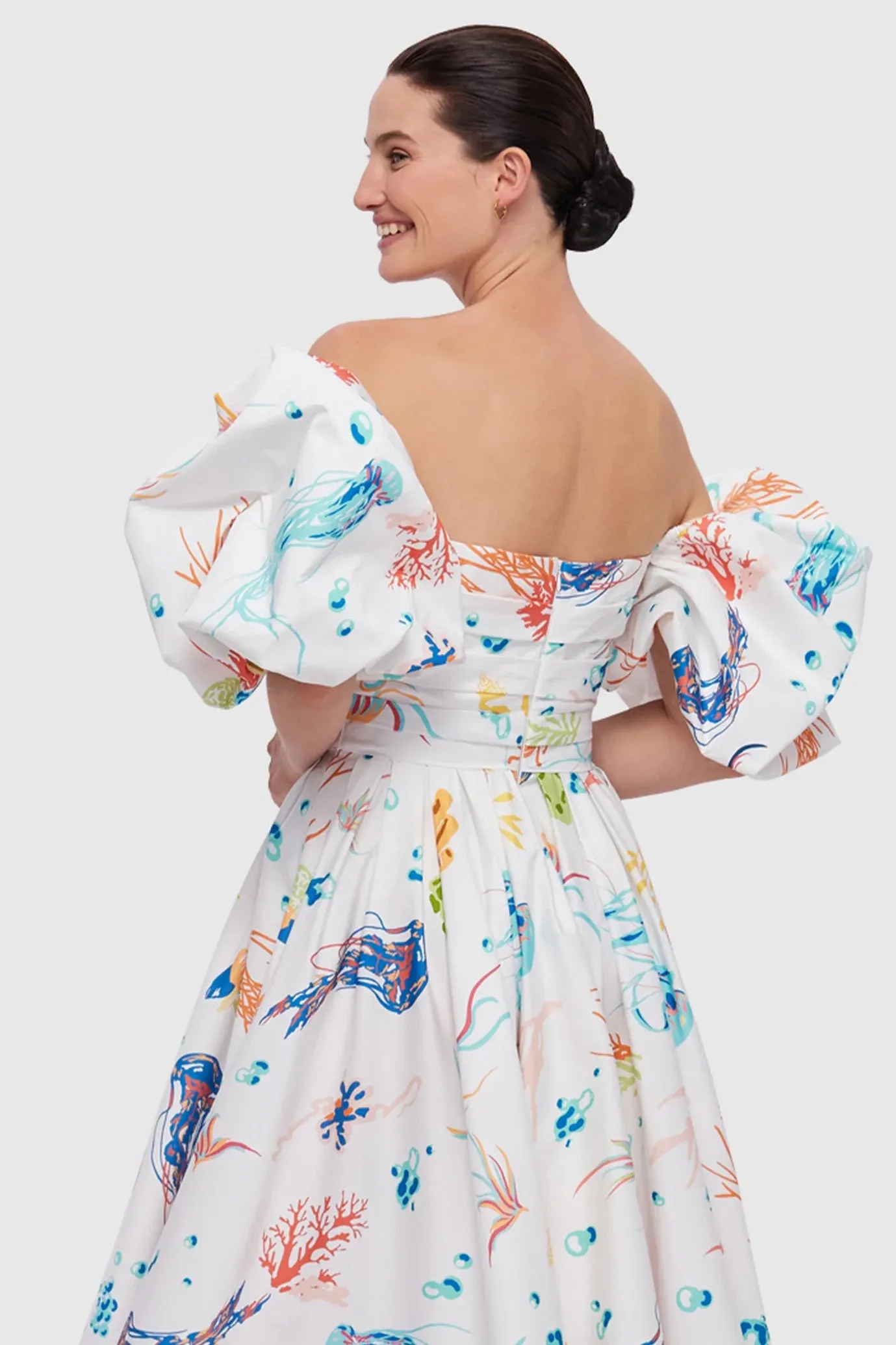 FINAL SALE: Matilda Puff Sleeve Midi Dress Twilight Print in White Scarlet by Leo Lin