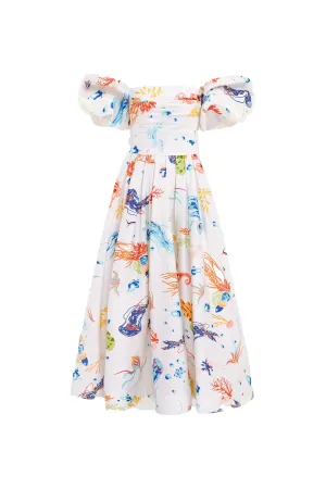 FINAL SALE: Matilda Puff Sleeve Midi Dress Twilight Print in White Scarlet by Leo Lin