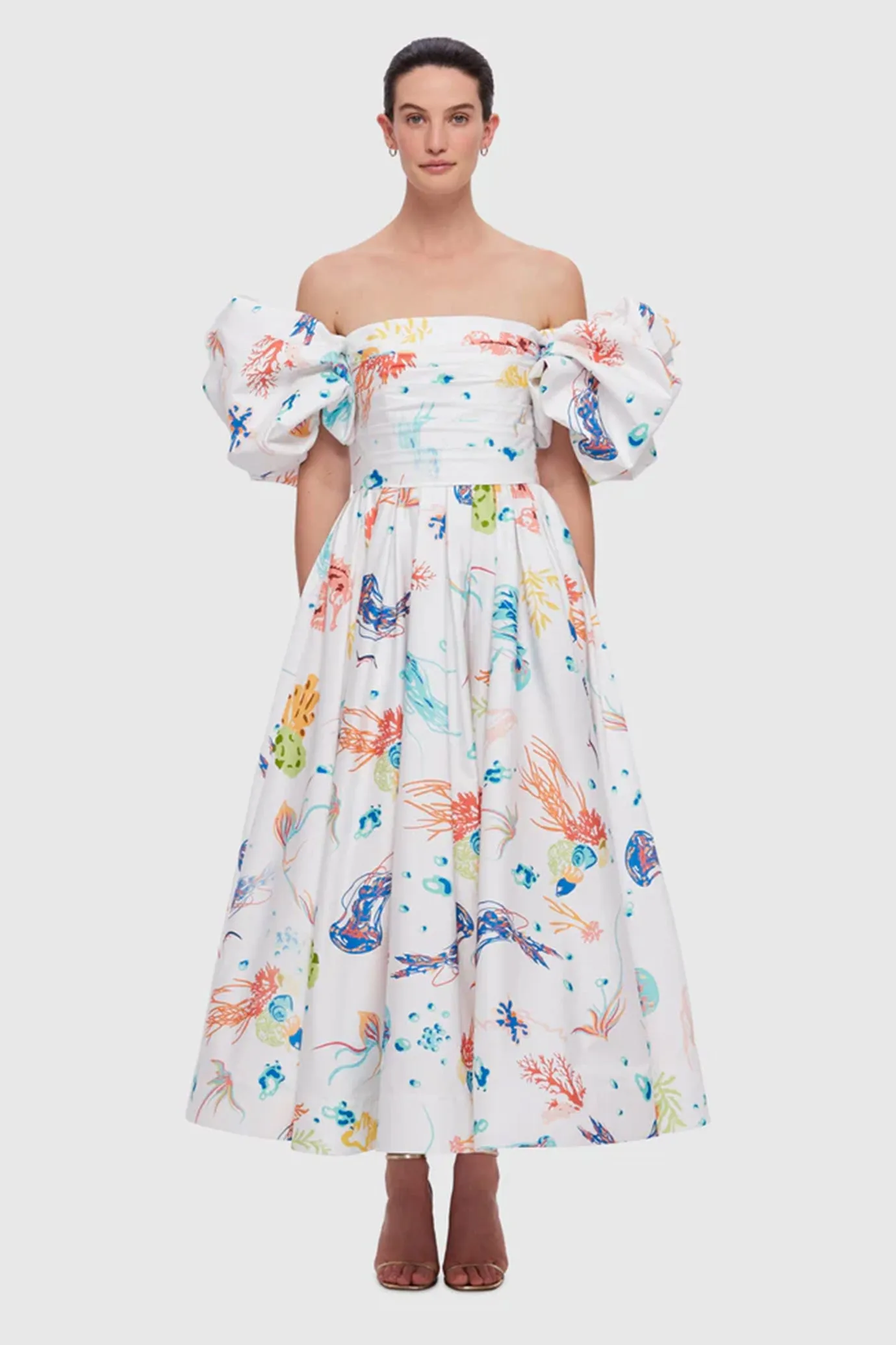 FINAL SALE: Matilda Puff Sleeve Midi Dress Twilight Print in White Scarlet by Leo Lin
