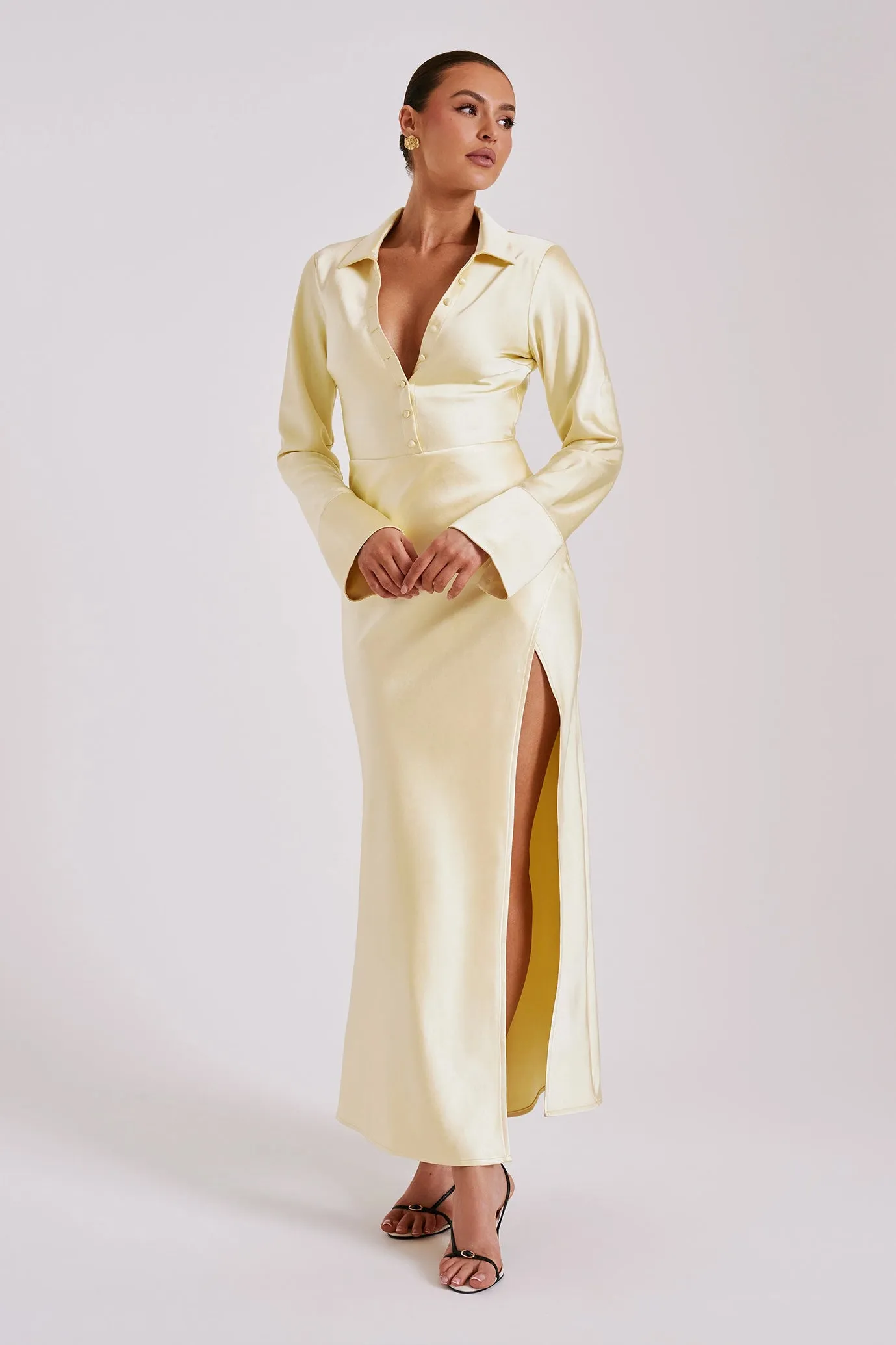 FINAL SALE: Whitley Satin Collared Maxi Dress Dark Butter by Meshki