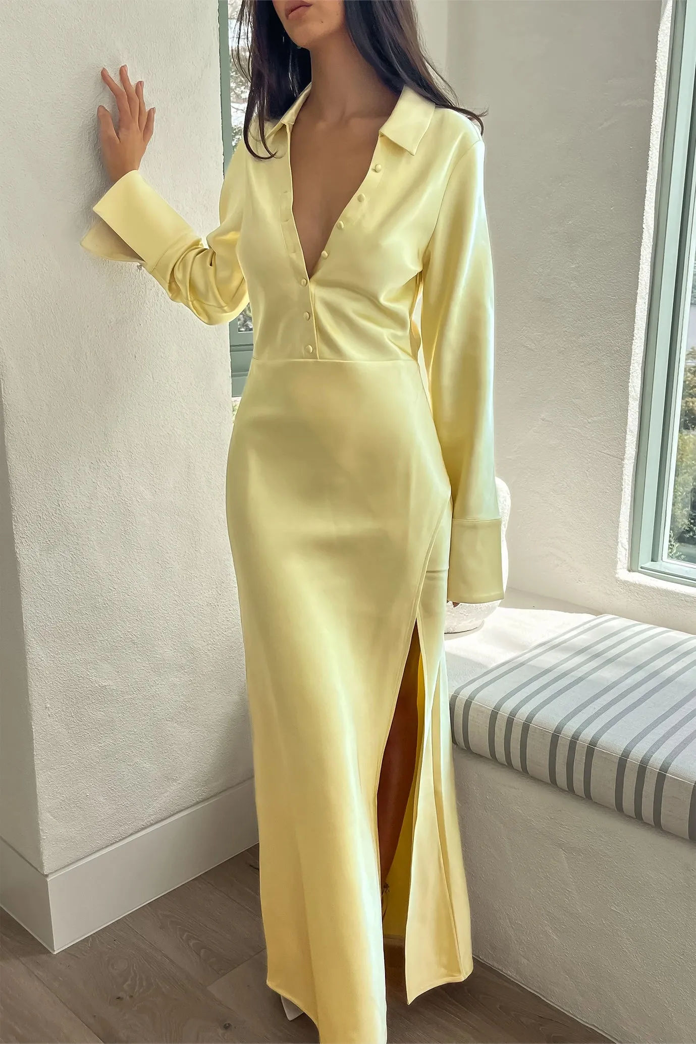 FINAL SALE: Whitley Satin Collared Maxi Dress Dark Butter by Meshki
