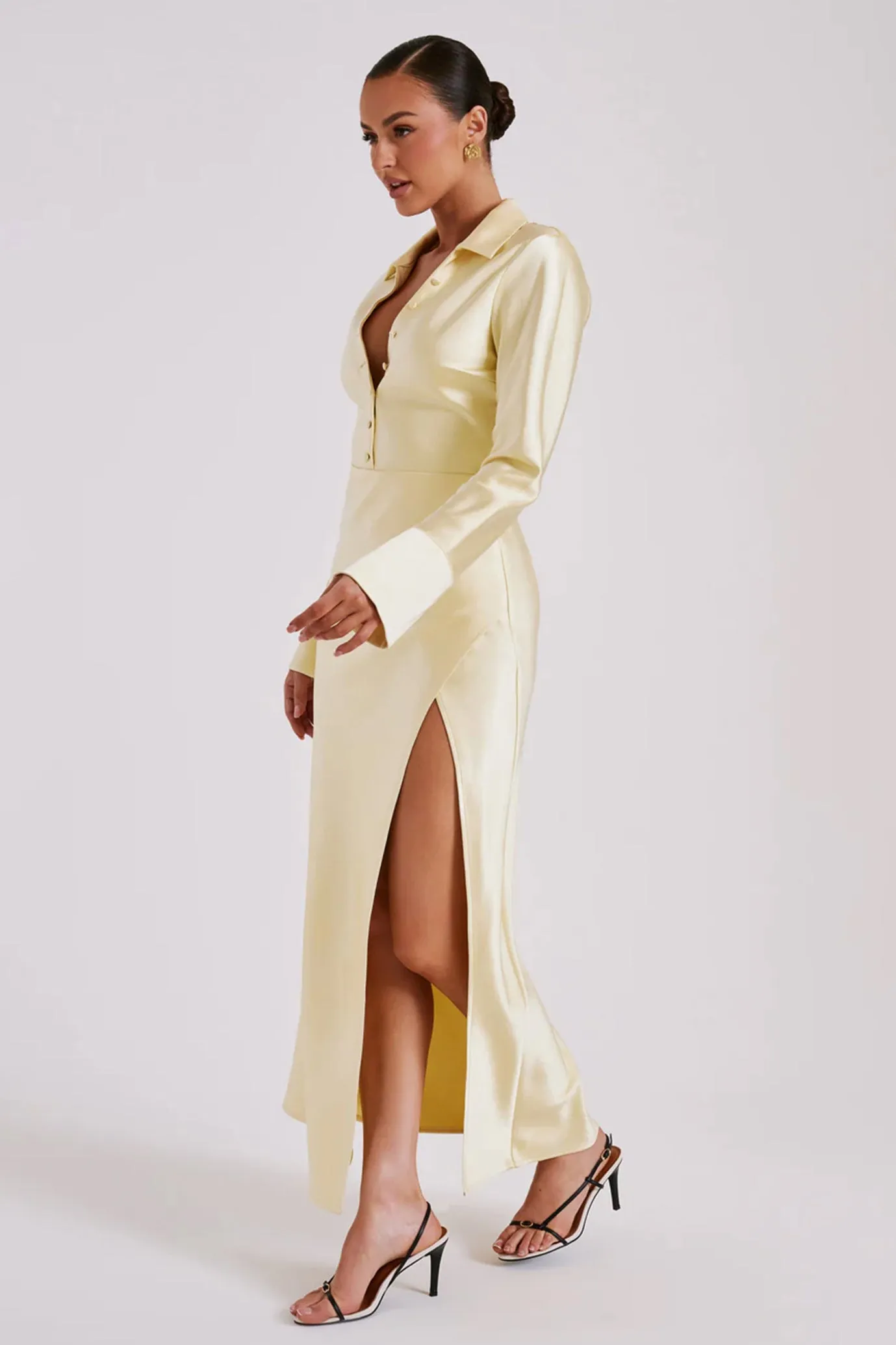 FINAL SALE: Whitley Satin Collared Maxi Dress Dark Butter by Meshki
