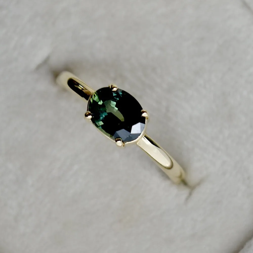 Horizontal Set Oval Deep Teal Sapphire Ring