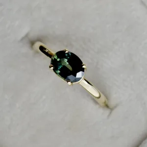 Horizontal Set Oval Deep Teal Sapphire Ring