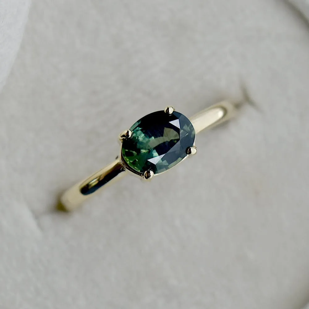 Horizontal Set Oval Deep Teal Sapphire Ring