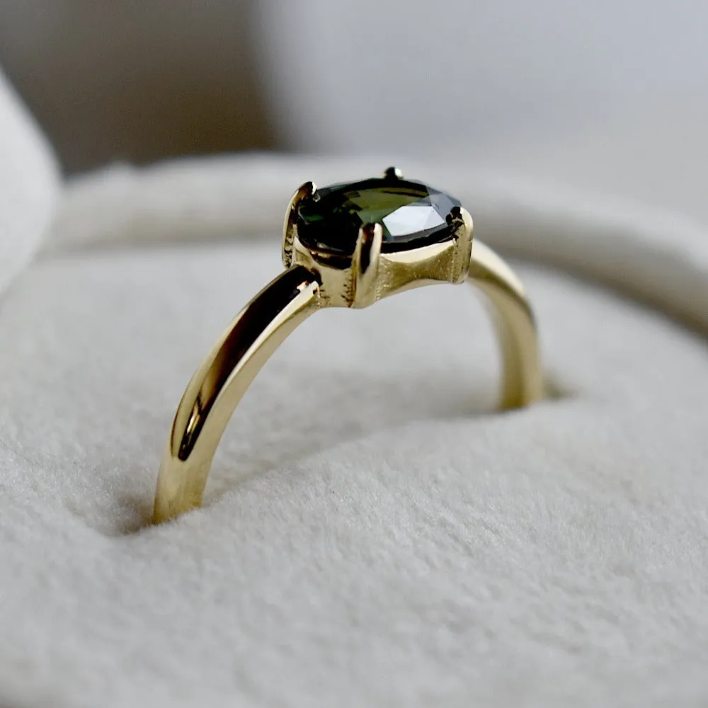 Horizontal Set Oval Deep Teal Sapphire Ring