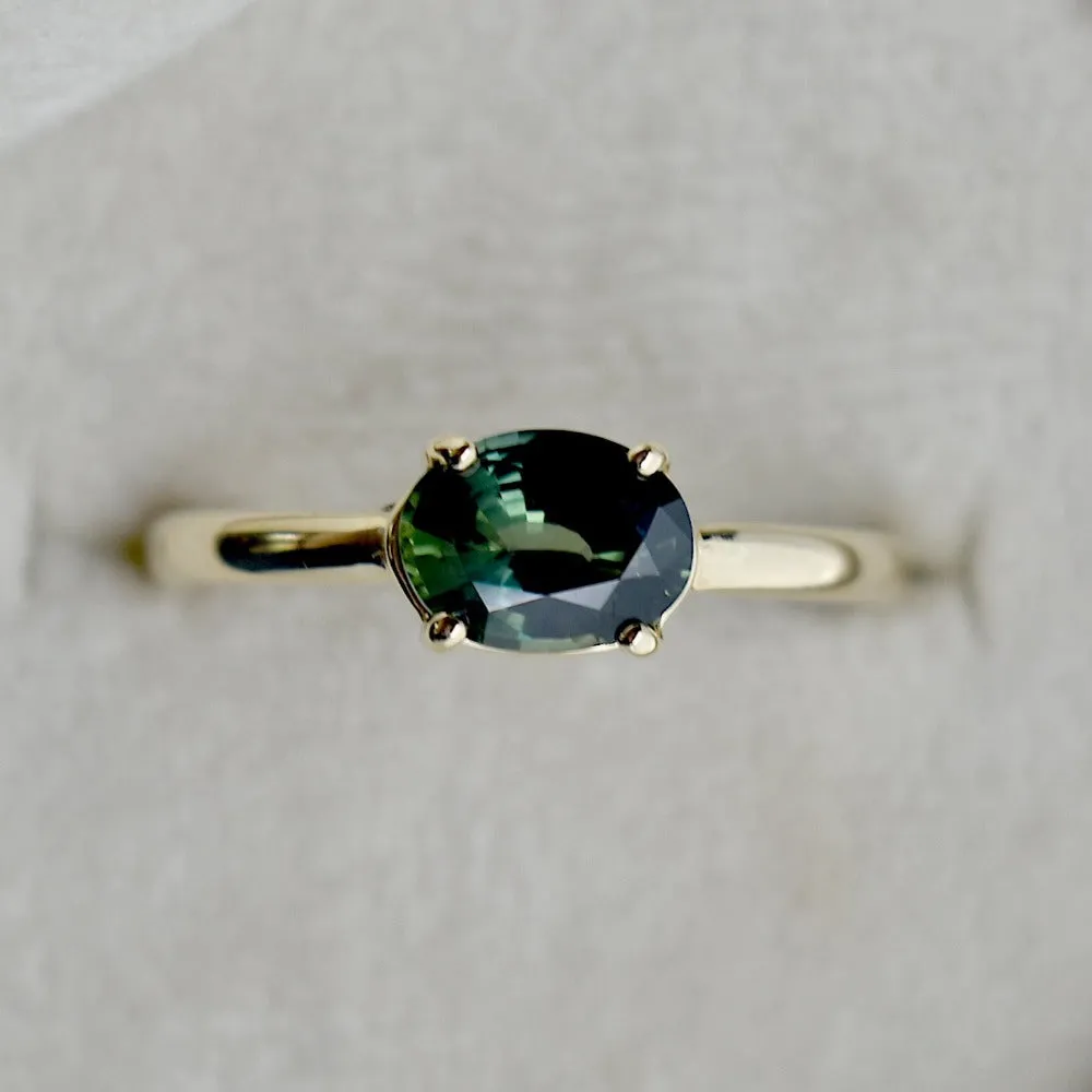 Horizontal Set Oval Deep Teal Sapphire Ring