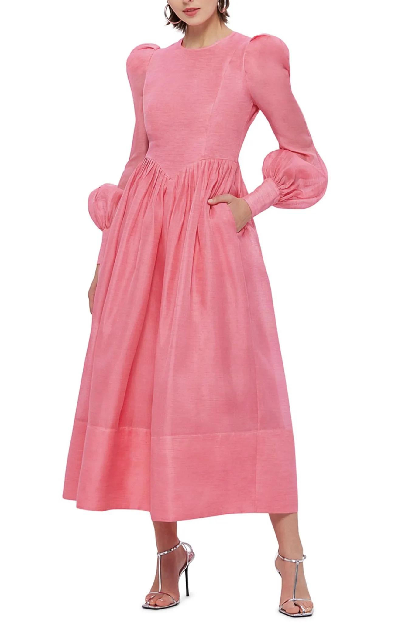 Jordana Structured Shoulder Midi Dress Watermelon by Leo Lin