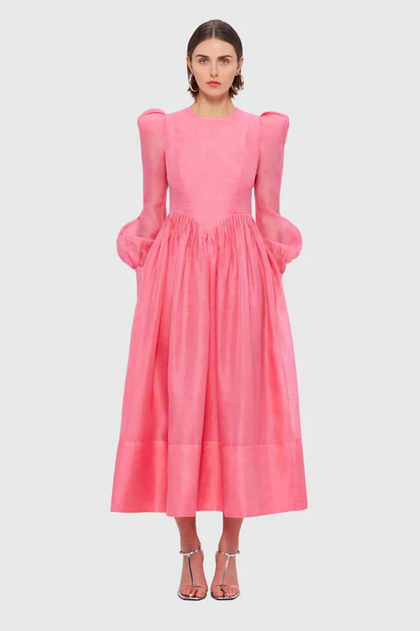 Jordana Structured Shoulder Midi Dress Watermelon by Leo Lin