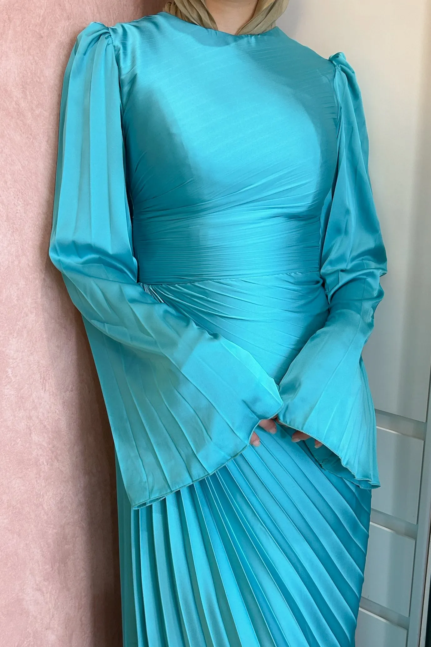 Layla Pleated Gown Turquoise by HSH