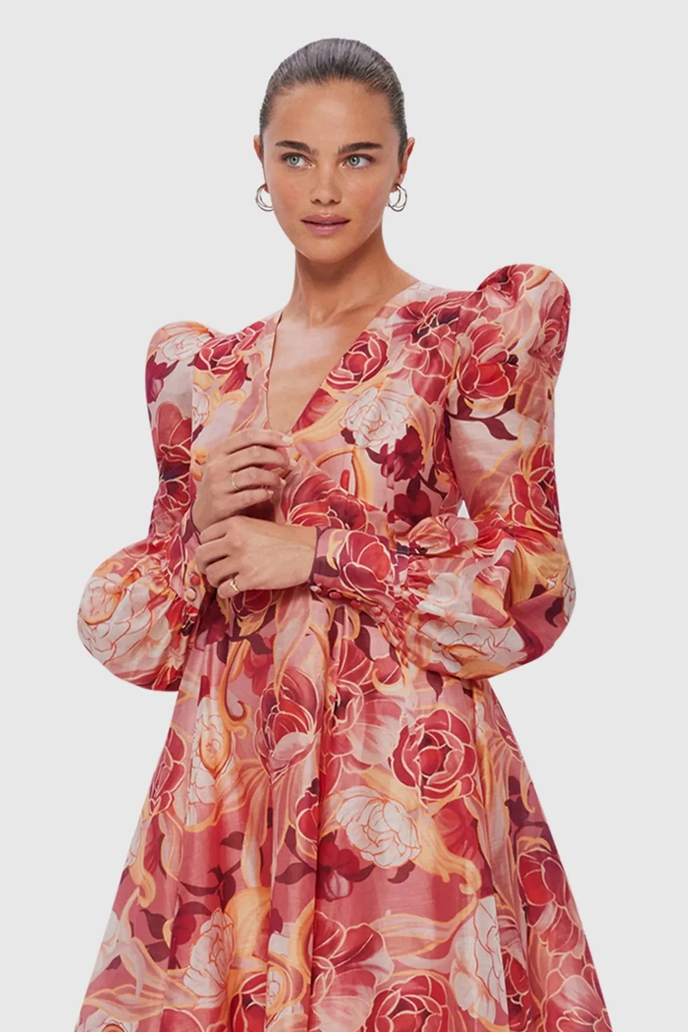 Lilah Structured Shoulder V Neck Dress Adorn Print in Passion by Leo Lin