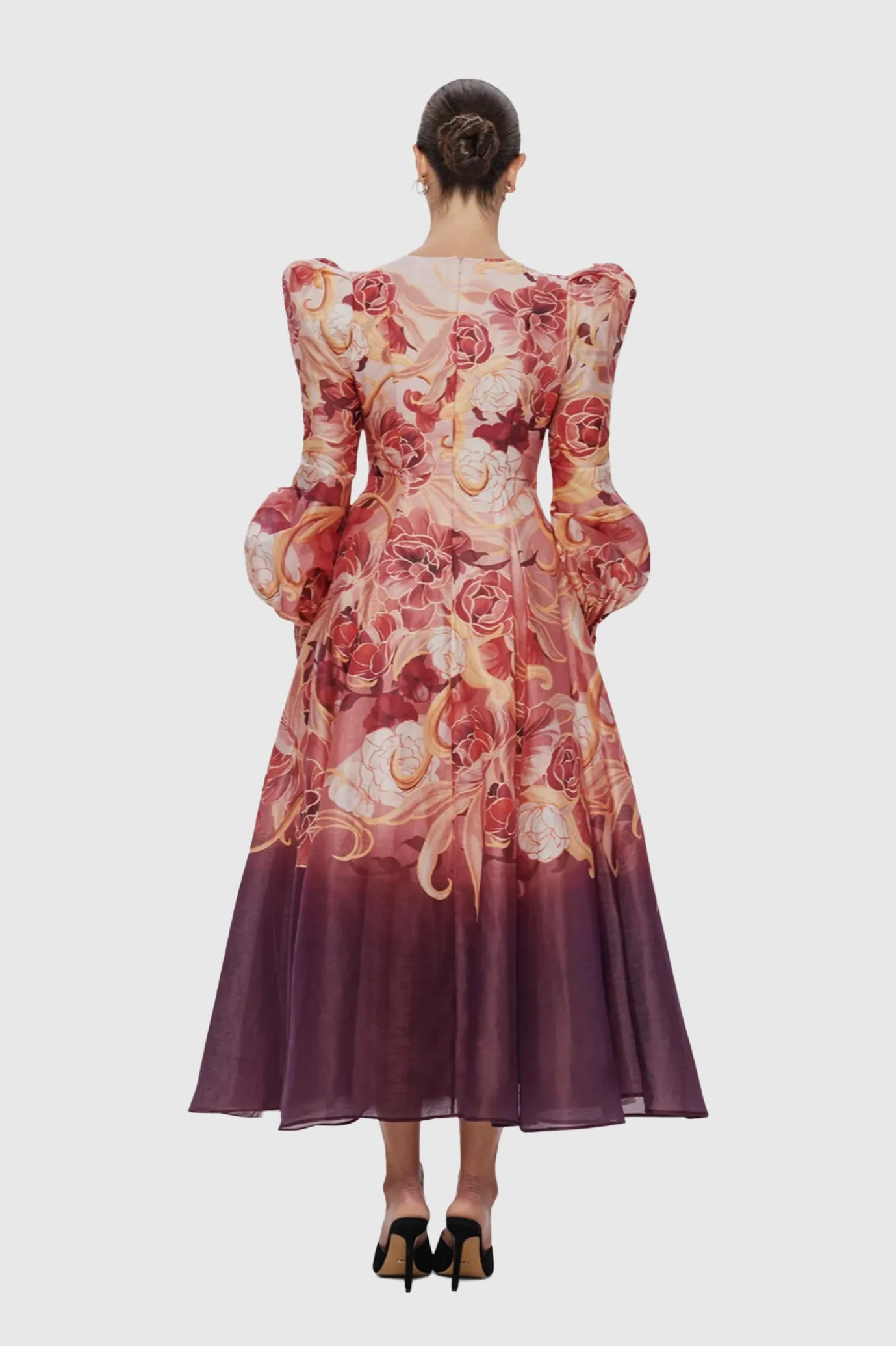 Lilah Structured Shoulder V Neck Dress Adorn Print in Passion by Leo Lin