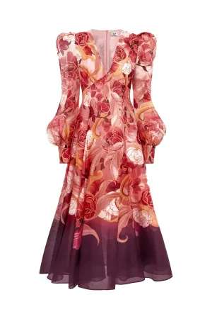 Lilah Structured Shoulder V Neck Dress Adorn Print in Passion by Leo Lin