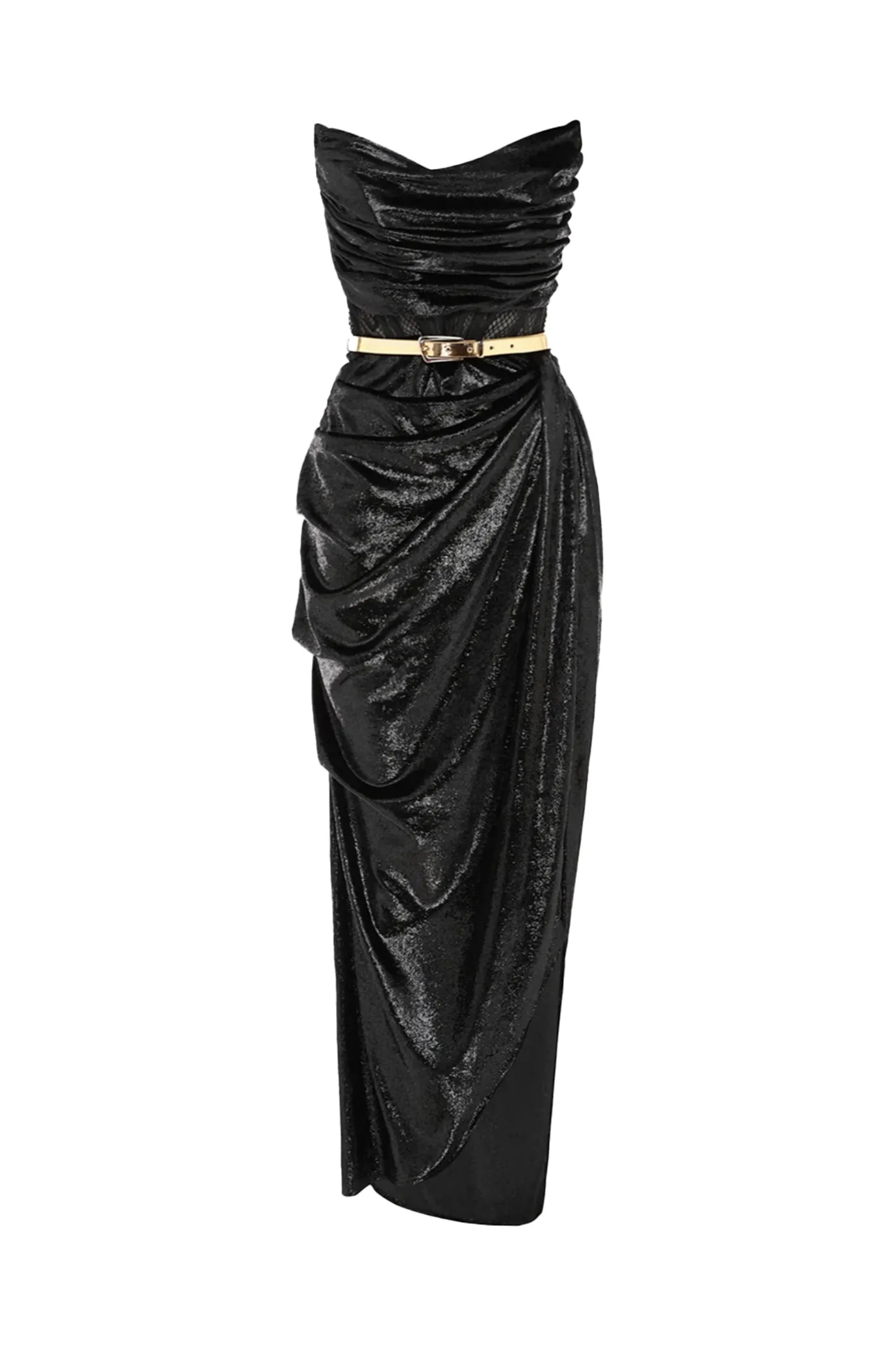 Madelyn Velvet Draped Split Dress Ebony by Leo Lin