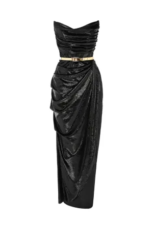 Madelyn Velvet Draped Split Dress Ebony by Leo Lin