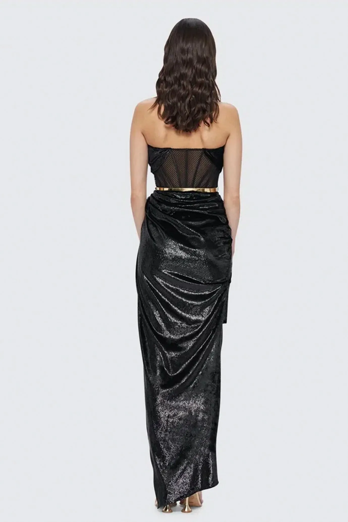 Madelyn Velvet Draped Split Dress Ebony by Leo Lin