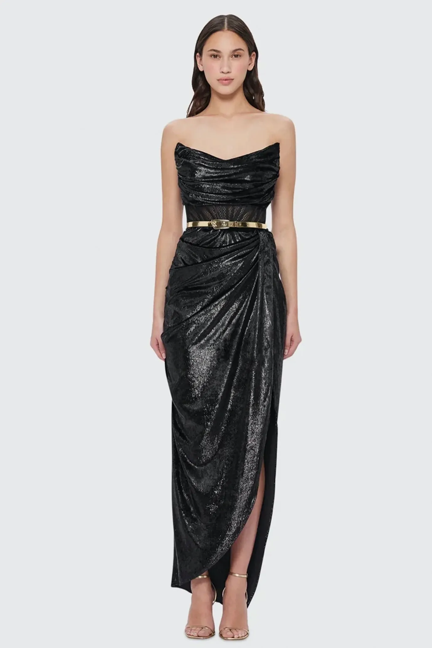 Madelyn Velvet Draped Split Dress Ebony by Leo Lin