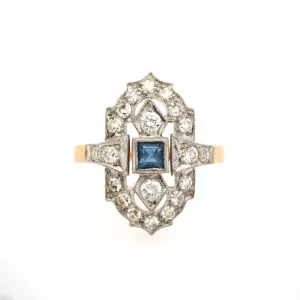 Magpie Vintage-18k Art Deco Style Diamond and Blue Sapphire Ring