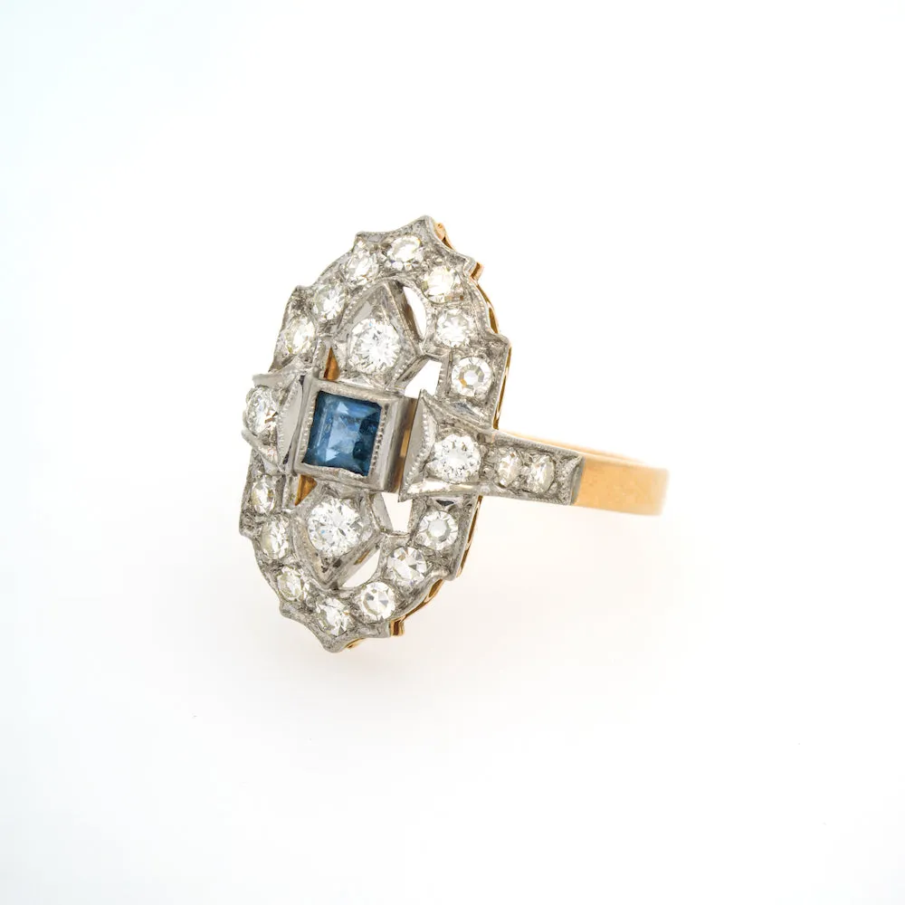 Magpie Vintage-18k Art Deco Style Diamond and Blue Sapphire Ring