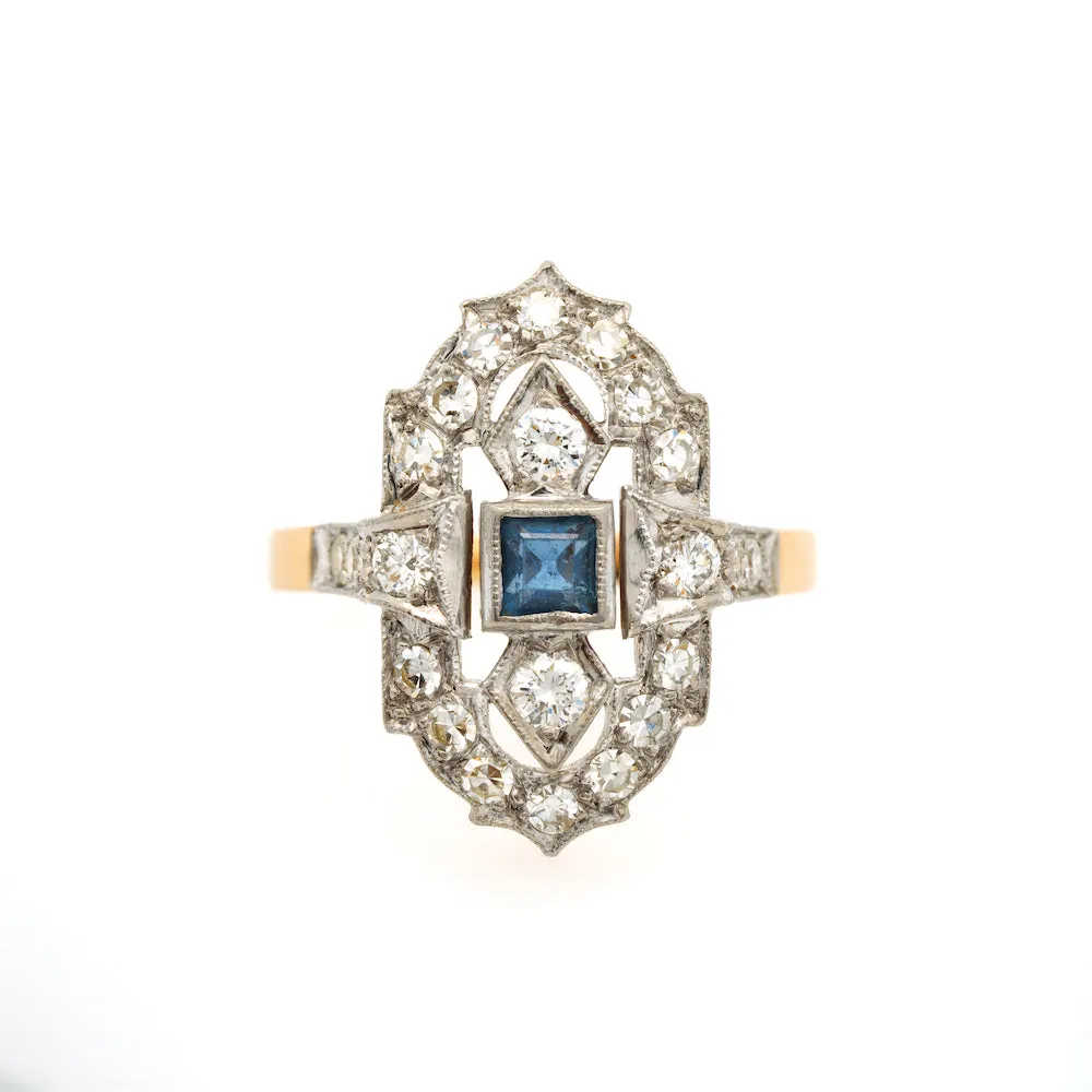 Magpie Vintage-18k Art Deco Style Diamond and Blue Sapphire Ring