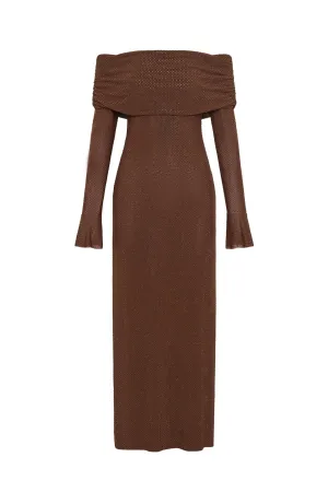 Marcel Off Shoulder Diamante Maxi Dress Brown by Meshki