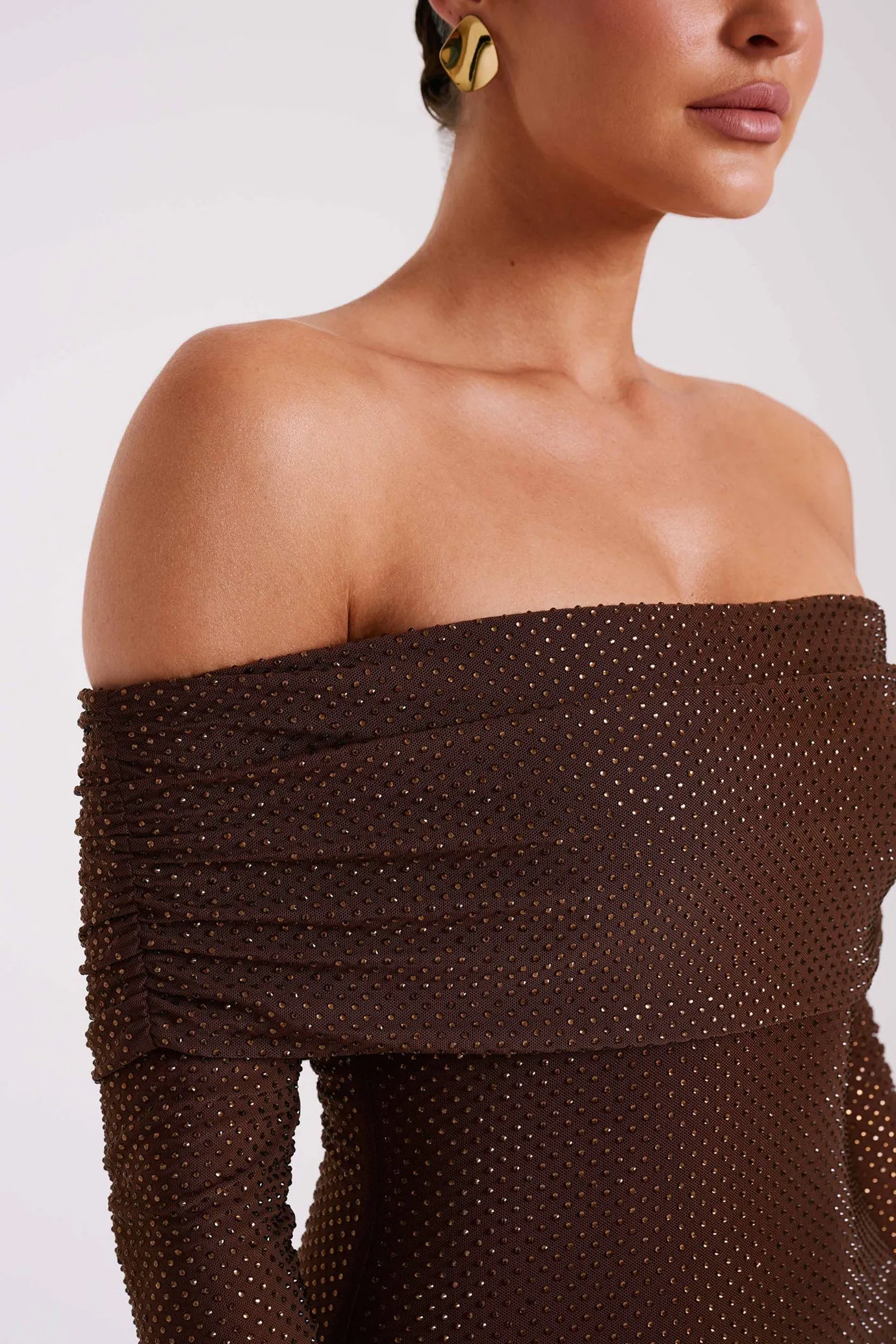 Marcel Off Shoulder Diamante Maxi Dress Brown by Meshki