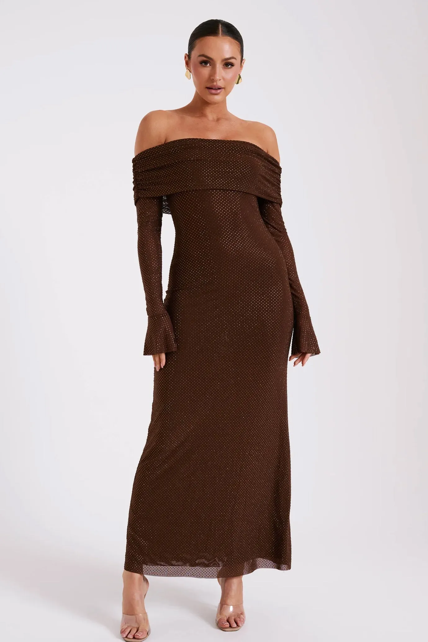 Marcel Off Shoulder Diamante Maxi Dress Brown by Meshki