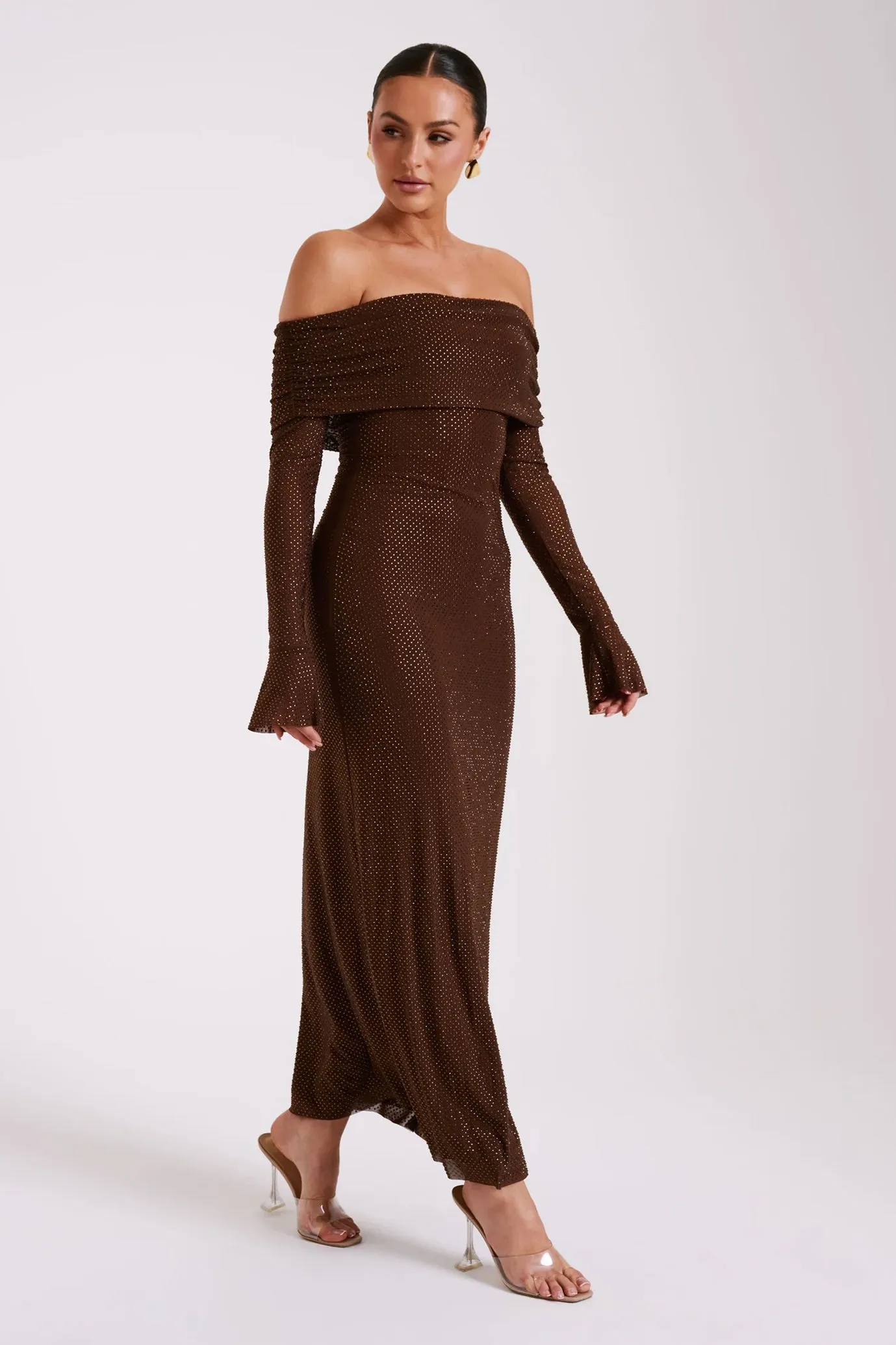Marcel Off Shoulder Diamante Maxi Dress Brown by Meshki