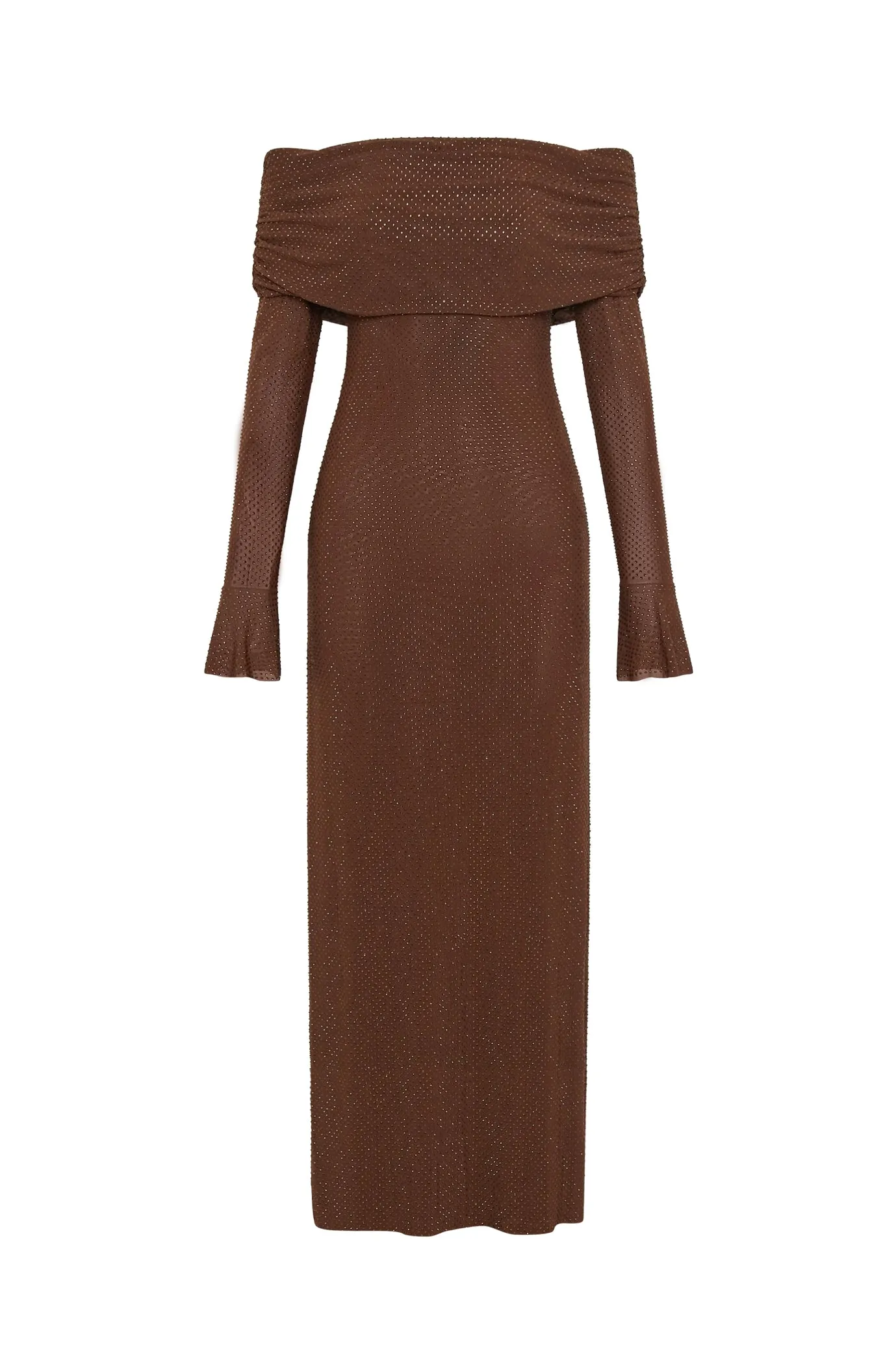 Marcel Off Shoulder Diamante Maxi Dress Brown by Meshki
