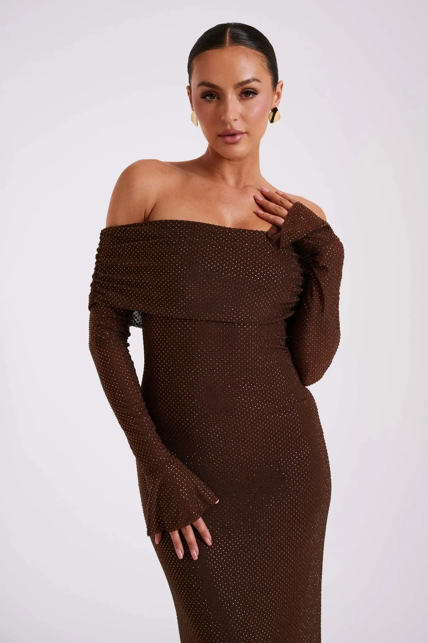 Marcel Off Shoulder Diamante Maxi Dress Brown by Meshki