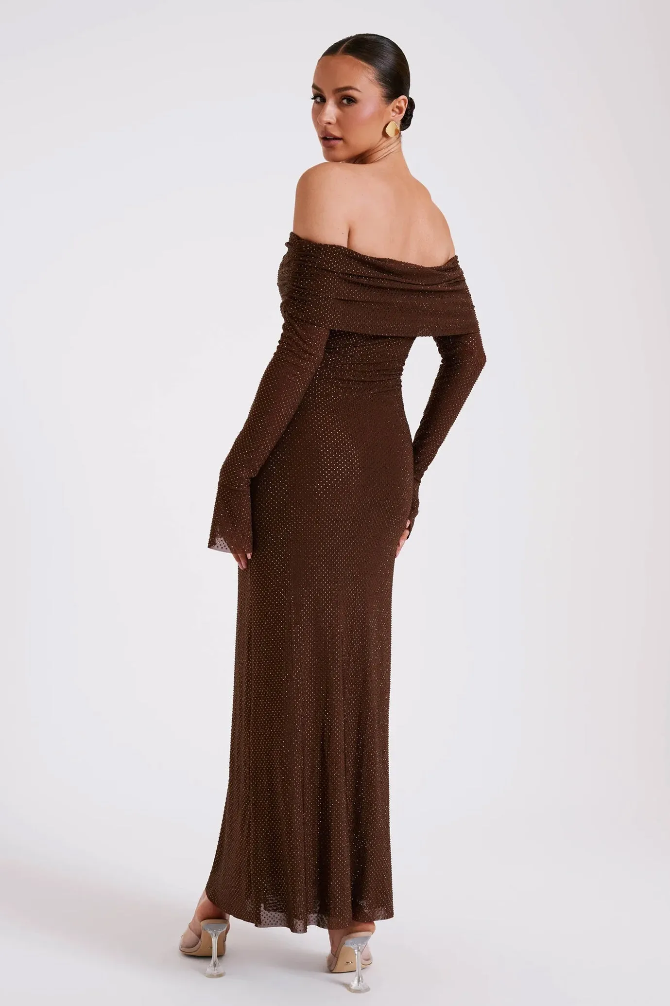 Marcel Off Shoulder Diamante Maxi Dress Brown by Meshki