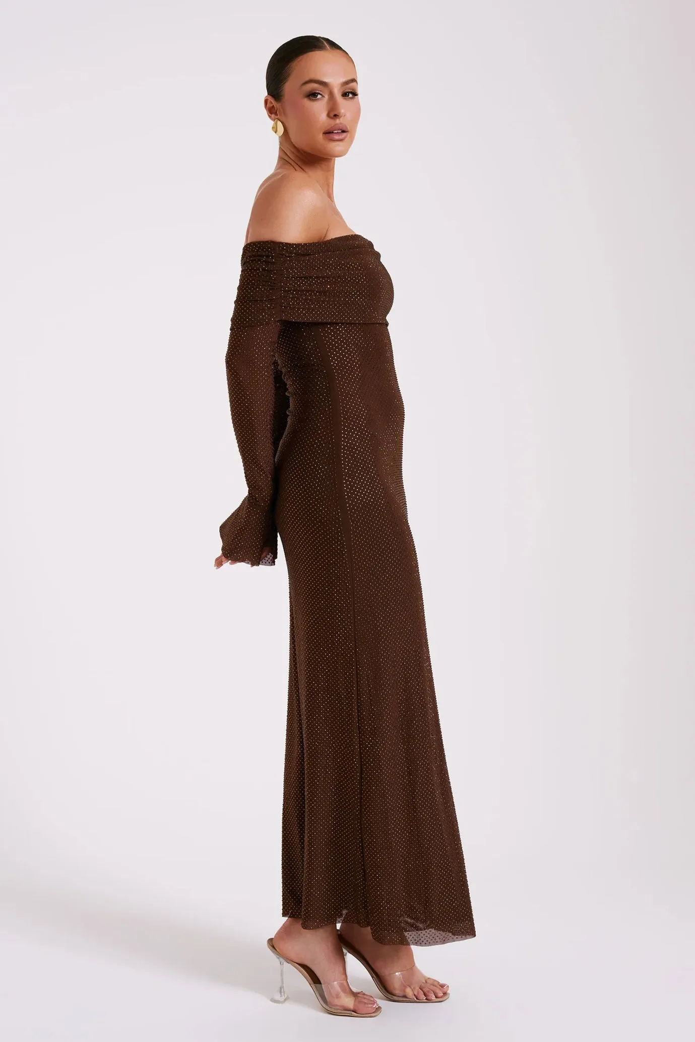 Marcel Off Shoulder Diamante Maxi Dress Brown by Meshki