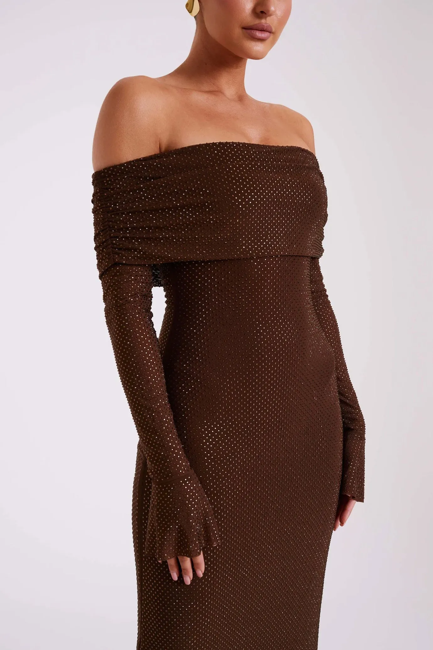 Marcel Off Shoulder Diamante Maxi Dress Brown by Meshki