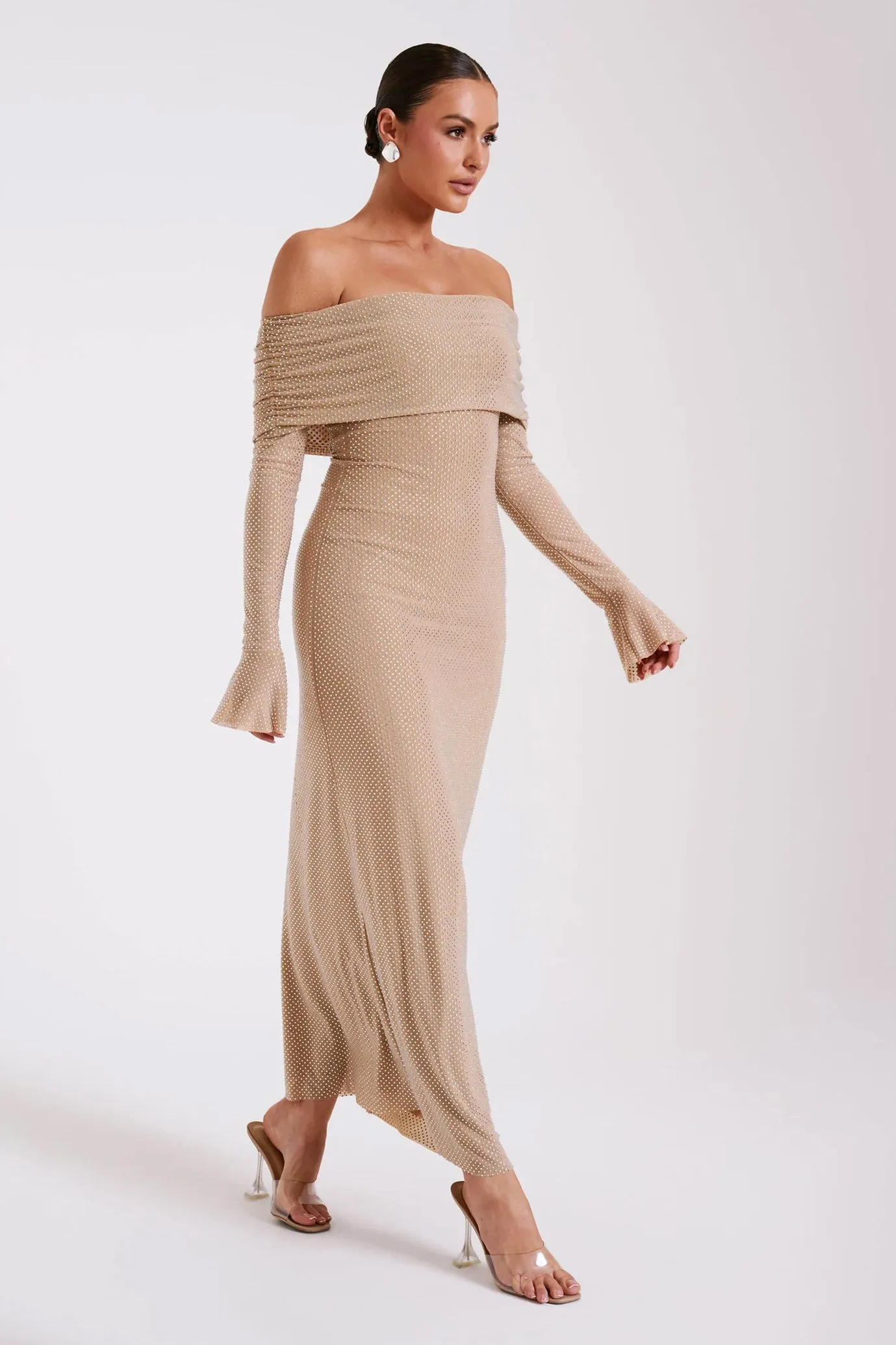 Marcel Off Shoulder Diamante Maxi Dress Nude by Meshki