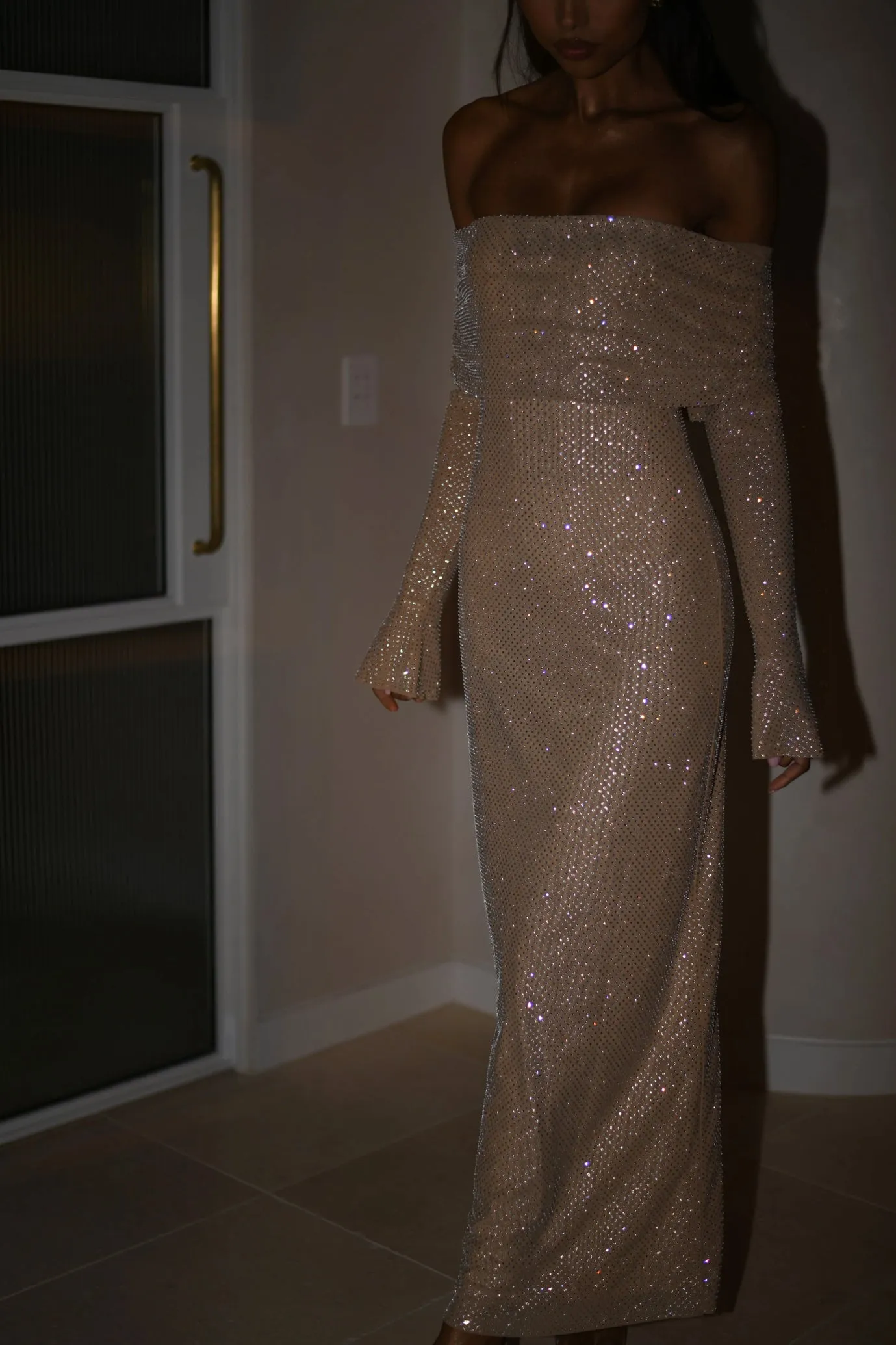 Marcel Off Shoulder Diamante Maxi Dress Nude by Meshki