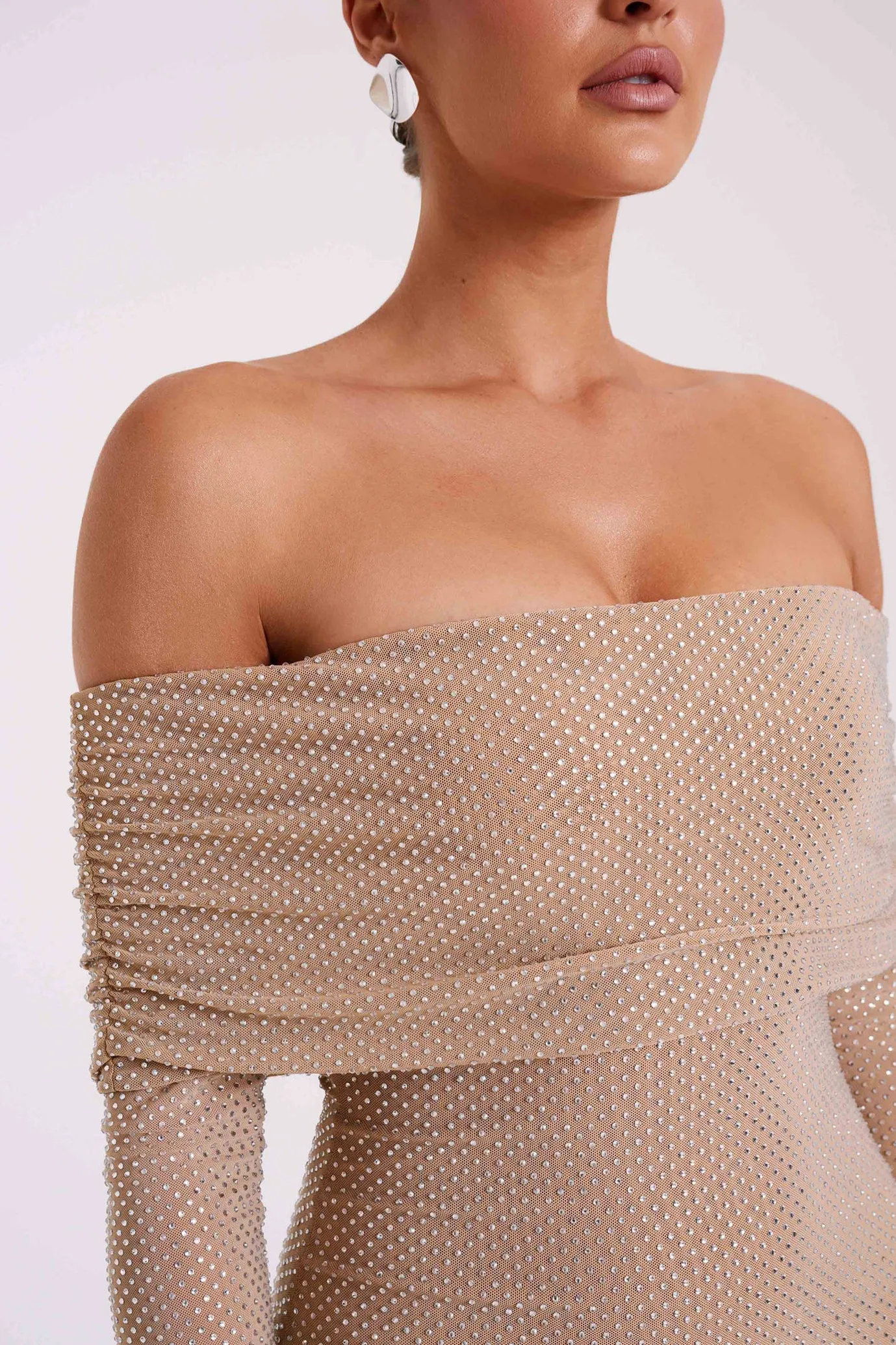 Marcel Off Shoulder Diamante Maxi Dress Nude by Meshki