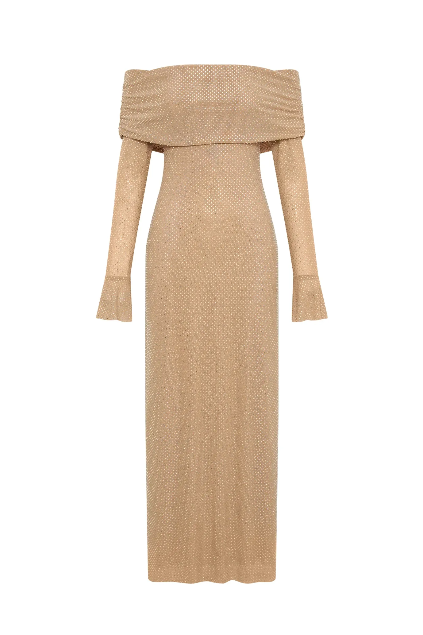 Marcel Off Shoulder Diamante Maxi Dress Nude by Meshki