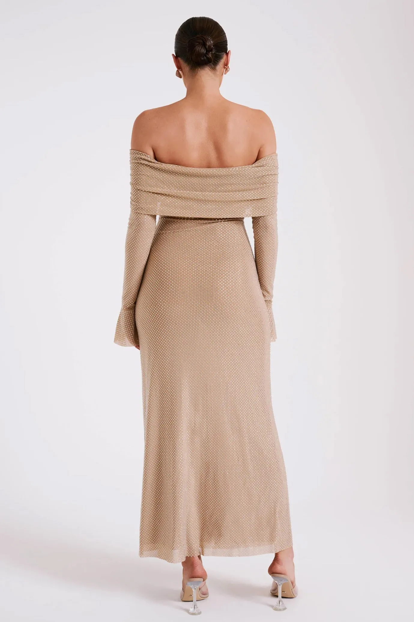 Marcel Off Shoulder Diamante Maxi Dress Nude by Meshki